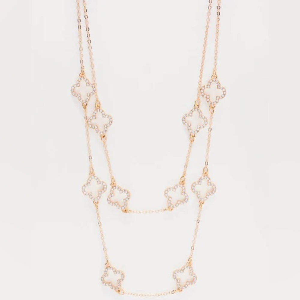 #60 Metal Gold and Rhinestone Clover Layered Necklace - Picture 2 of 3